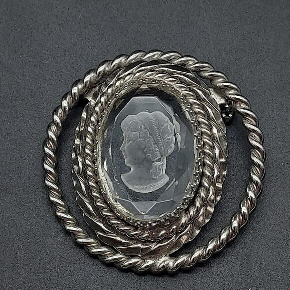 Vintage Intaglio Cameo Brooch Clear Lucite Silver Tone Lady Head Portrait - Picture 1 of 10